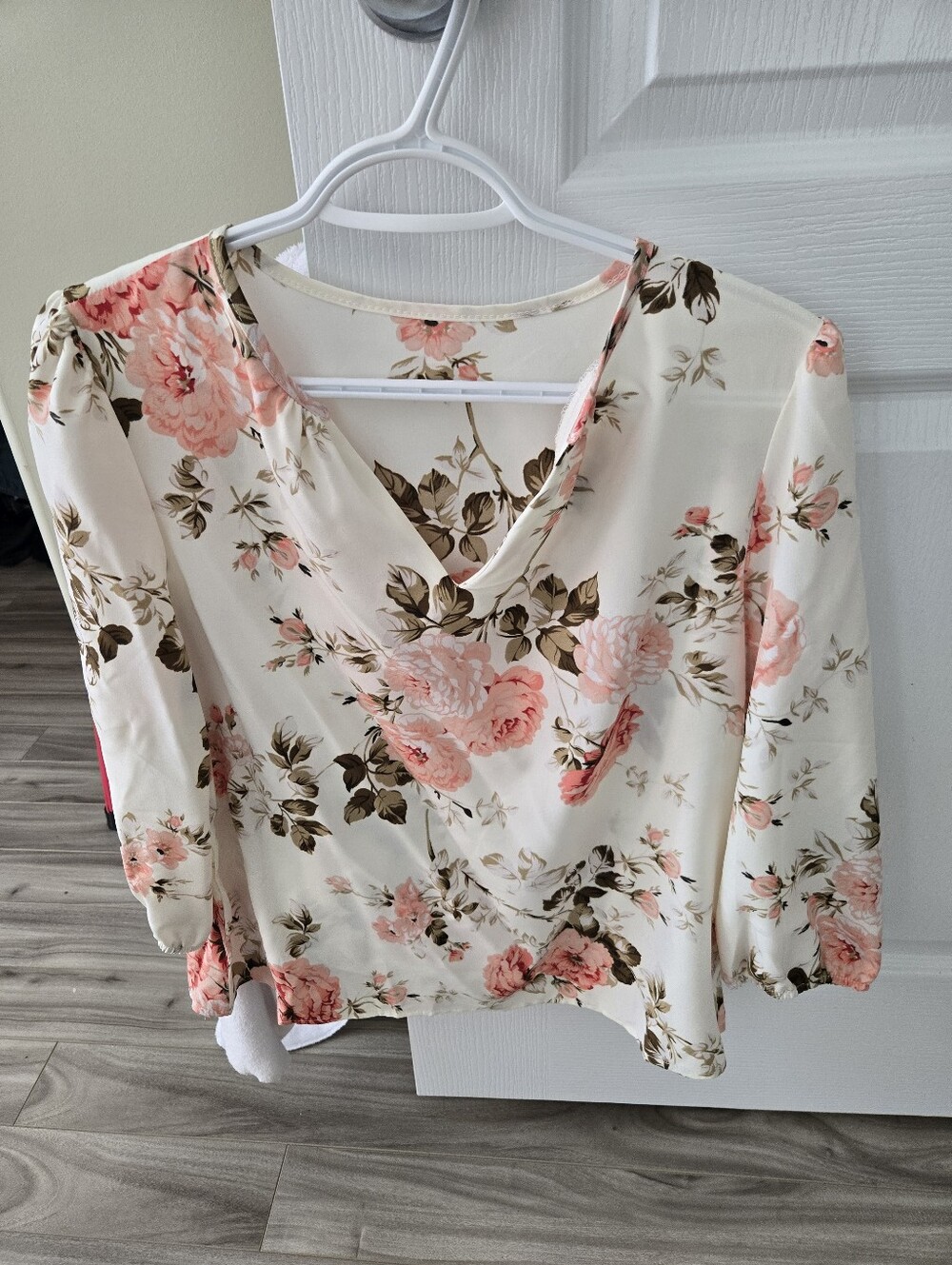 Floral V-Neck Blouse - Cream with Pink Roses